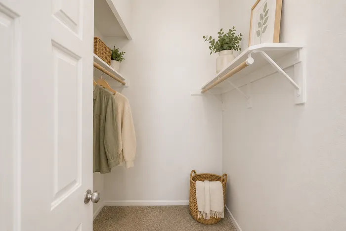 Elegant walk-in closet with sleek shelving, warm-toned clothing, and decorative greenery for a serene and organized living space.