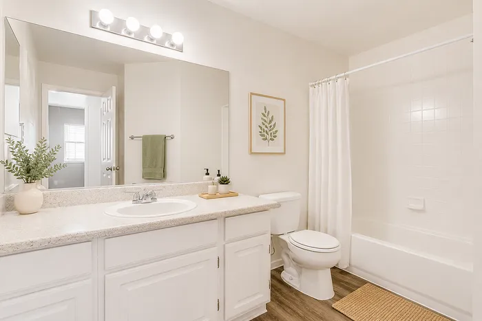 Bright and modern bathroom with elegant vanity, large mirror, and stylish decor featuring fresh greenery and wall art, complemented by natural light.