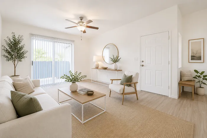 Bright and modern living room with elegant decor, featuring cozy furniture, large sliding glass door, and beautiful indoor plants.