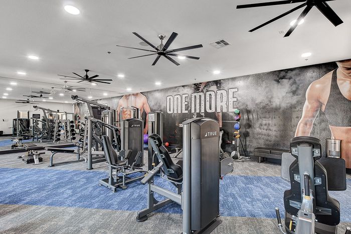 Modern fitness center featuring state-of-the-art gym equipment, vibrant mural artwork, and ample lighting for an inspiring workout environment.