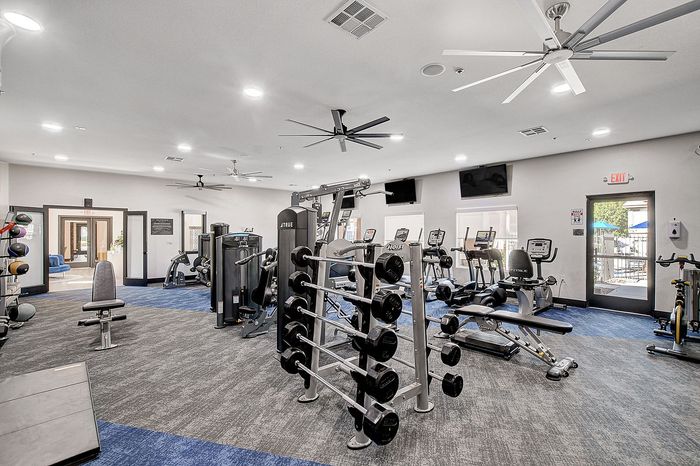 Modern fitness center with state-of-the-art gym equipment, free weights, cardio machines, and stylish interior design.
