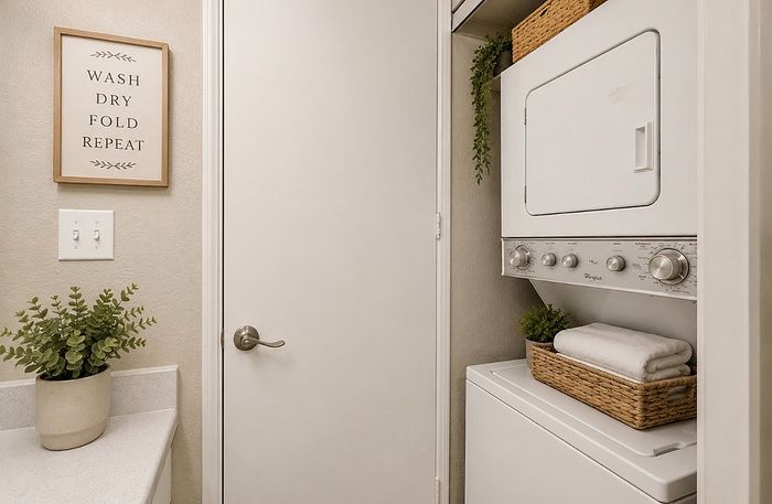 Chic laundry room with a stacked washer and dryer, elegant decor, and practical storage solutions.