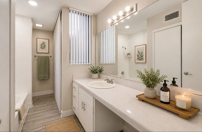 Modern bathroom with sleek white cabinetry, large mirror, ambient lighting, and stylish decor enhancing a serene atmosphere.