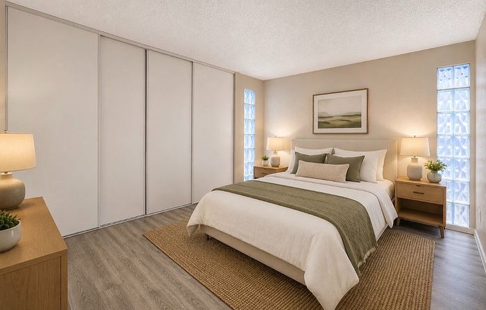 Inviting bedroom with a cozy double bed, soft lighting, and elegant decor, featuring a warm neutral palette.
