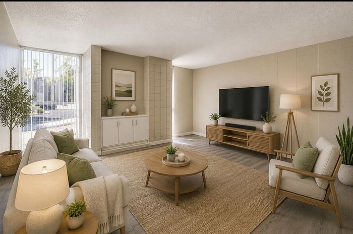 Bright and inviting living room with modern decor, spacious seating, large flat-screen TV, and beautiful natural light streaming through floor-to-ceiling windows.