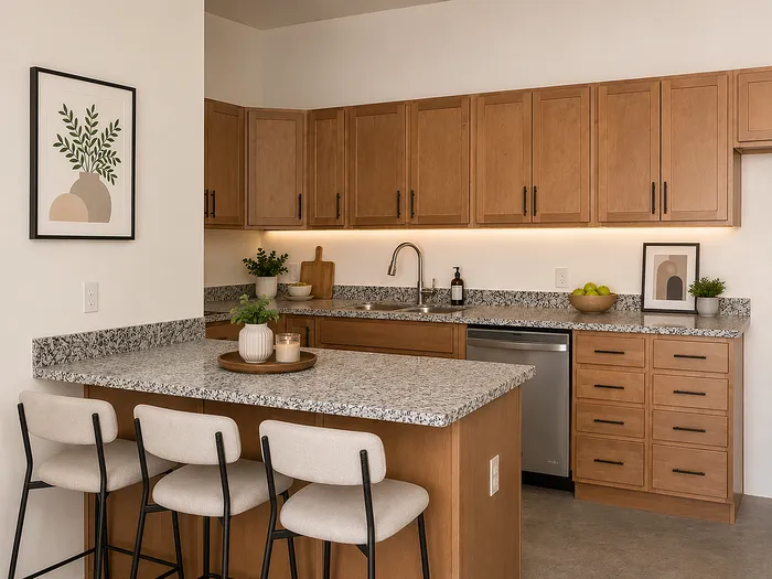 Modern kitchen with elegant wooden cabinets, granite countertops, and chic bar seating for a perfect culinary experience.