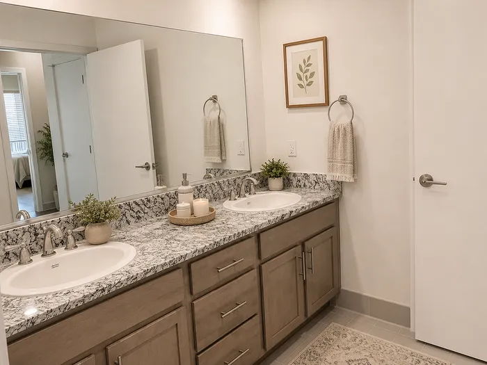 Elegant bathroom featuring a double vanity with stylish marble countertops, modern fixtures, and tasteful decor.