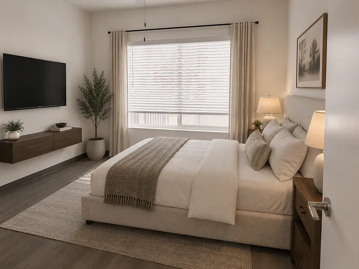 Elegant bedroom with cozy linens, modern d&eacute;cor, large window with natural light, and a mounted flat-screen TV.