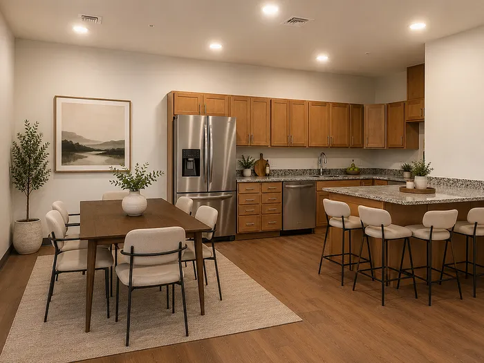 Modern kitchen and dining area with warm wood cabinetry, sleek stainless steel appliances, and elegant dining set for a stylish home ambiance.