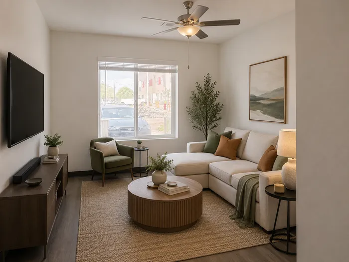 Cozy and inviting living room with a modern beige sectional sofa, stylish decor, and a large window allowing natural light to pour in.