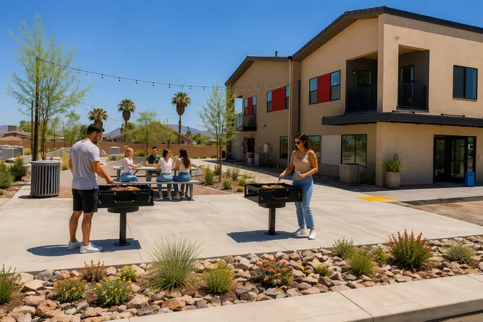 Vibrant community outdoor space with barbecue grills and seating area under clear blue skies, perfect for social gatherings and relaxation.