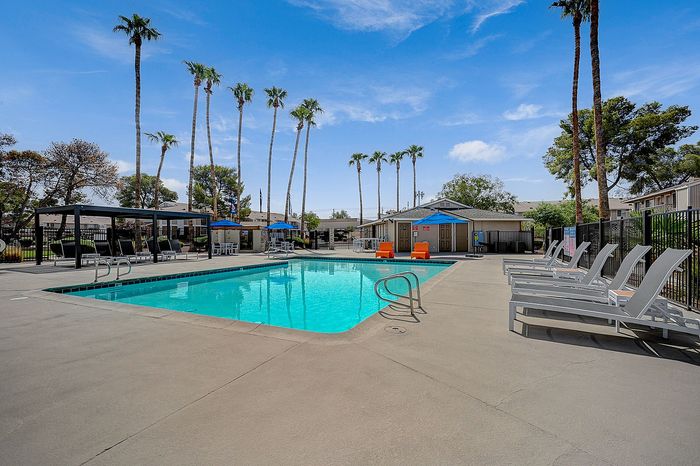 Luxurious outdoor pool area with sun loungers, palm trees, and vibrant blue sky, perfect for relaxation and leisure.