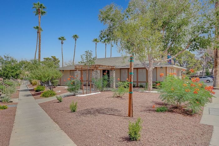 Charming desert front view of a single-story home with vibrant landscaping and palm trees under a clear blue sky.