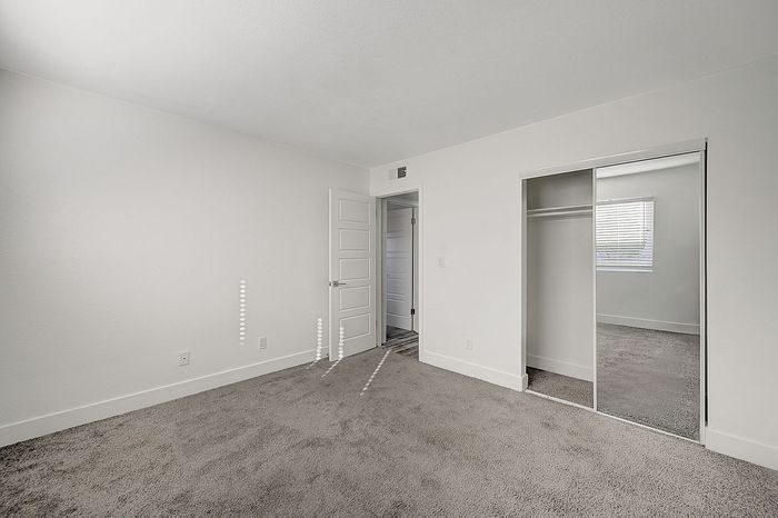 Bright and spacious bedroom with plush carpeting, mirrored closet doors, and ample natural light.