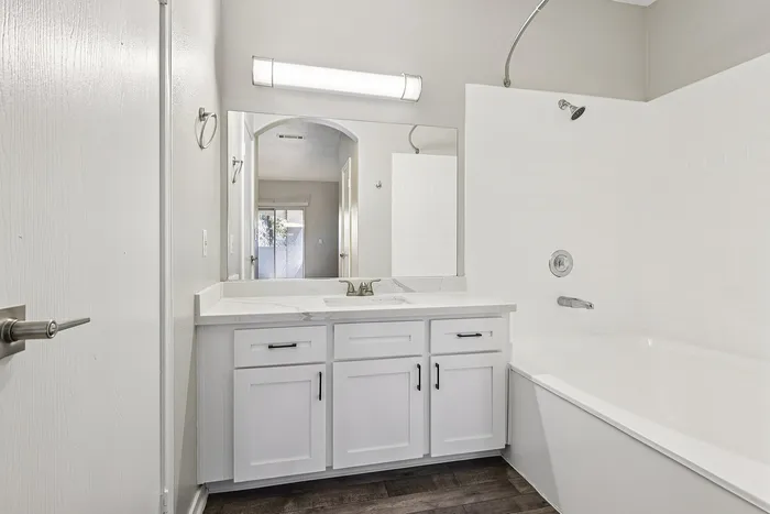 Elegant bathroom featuring a modern vanity with cabinetry, sleek fixtures, and a spacious bathtub, enhanced by natural light.