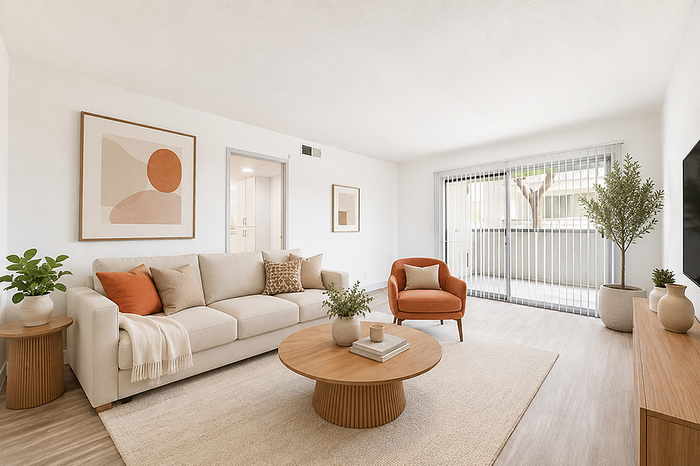 Bright and modern living room with a cozy beige sofa, orange accent chair, and stylish coffee table, complemented by minimalist artwork and large sliding glass doors opening to a vibrant outdoor space.