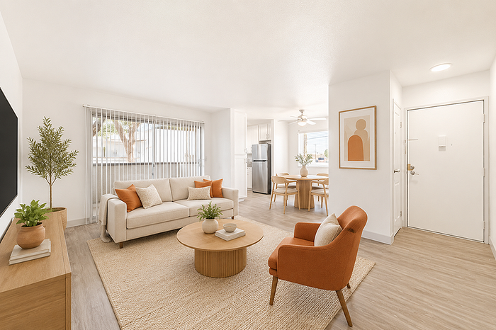 Bright open-concept living space with modern decor, cozy seating, and elegant dining area, perfect for relaxation and entertaining.