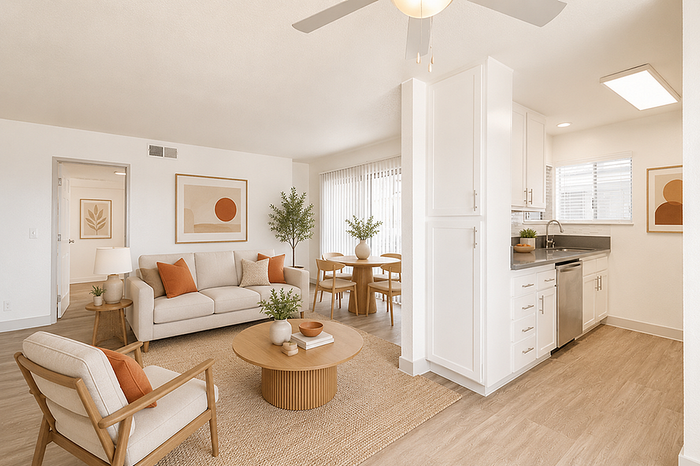 Bright and inviting living space featuring modern beige furnishings, vibrant orange accents, and a cozy dining area. The sleek kitchen boasts stainless steel appliances and ample cabinetry.