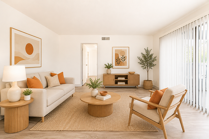 Modern living room with natural light, featuring stylish beige furniture, warm accent pillows, and elegant wooden decor.