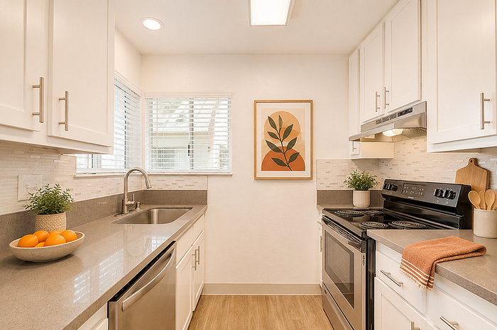 Modern kitchen with sleek countertops, stainless steel appliances, and natural light filtering through large windows, accented by contemporary art and vibrant decor.