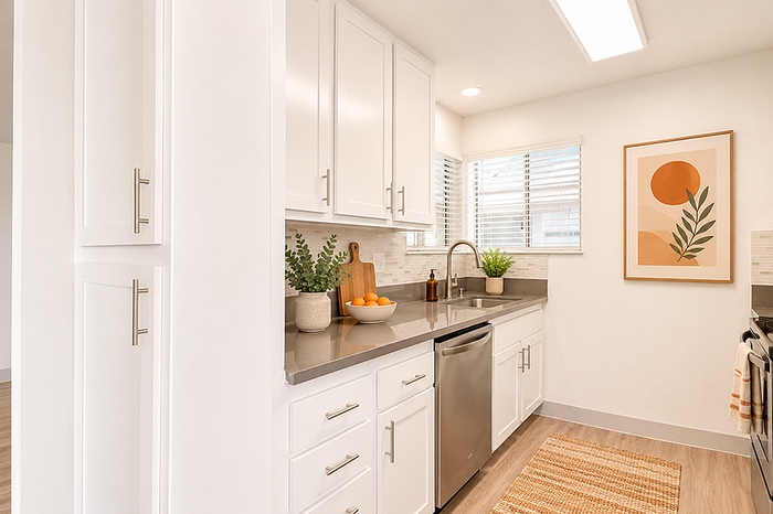 Modern kitchen with sleek white cabinets, stainless steel appliances, and a stylish countertop featuring a vibrant orange art piece and decorative plants.