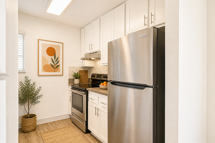 Modern kitchen with sleek stainless steel appliances, elegant white cabinetry, and stylish decor, ideal for culinary enthusiasts.