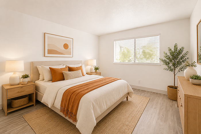 Bright and cozy bedroom with elegant decor, featuring a plush bed, stylish nightstands, and warm lighting, creating an inviting atmosphere.