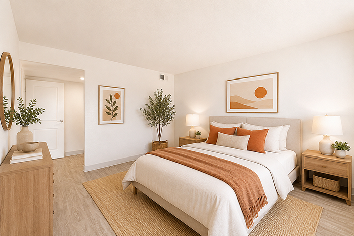 Inviting bedroom with a warm and elegant design featuring earthy tones, modern artwork, and stylish wooden furniture.