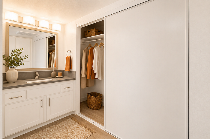 Elegant bathroom with sleek white cabinetry, stylish gray countertop, large mirror, and organized open closet with warm-toned clothing.