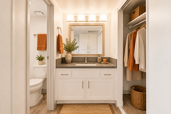 Bright and modern bathroom with elegant vanity, large mirror, and cozy closet storage.
