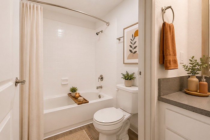 Elegant bathroom with a modern design, featuring a cozy bathtub, stylish decor, and warm accents for a relaxing ambiance.