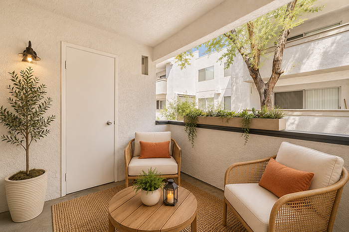 Charming outdoor patio with cozy seating, warm lighting, and lush greenery, offering a tranquil retreat in the heart of the city.