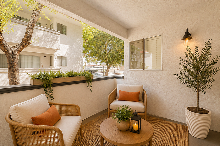 Charming outdoor balcony with cozy seating, lush greenery, and ambient lighting, perfect for relaxation and enjoying the view.