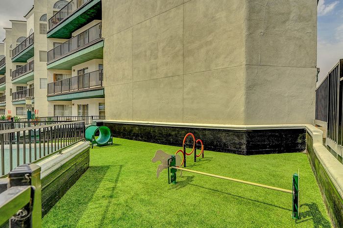 Inviting outdoor dog play area with agility equipment and vibrant artificial grass, set against a modern apartment backdrop.