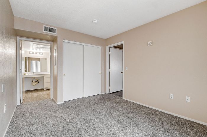Spacious bedroom featuring soft carpet flooring and ample closet space, leading to a modern, well-lit bathroom with sleek fixtures.