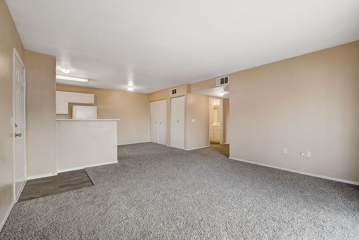 Bright and inviting open-plan living area with plush carpeting and modern kitchen, perfect for comfortable living.