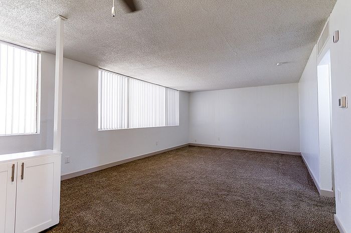 Bright and spacious living room with plush carpeting, large windows, and modern white finishes, perfect for relaxation and entertaining.