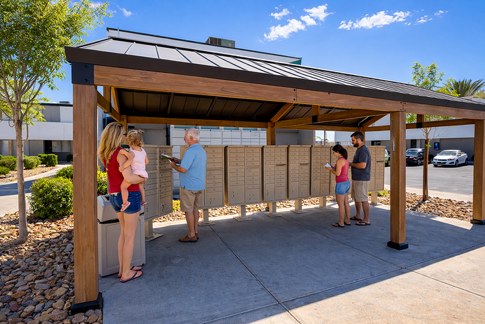 Outdoor community mail center with residents collecting mail under a stylishly designed shelter with lush landscaping.