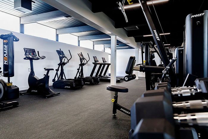 Modern fitness center featuring state-of-the-art cardio machines, strength training equipment, and abundant natural light in a sleek, spacious layout.