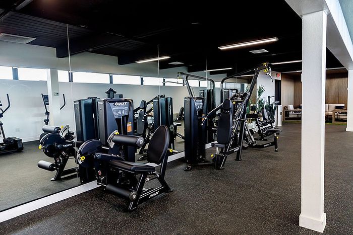 Modern gym with state-of-the-art fitness equipment, sleek black flooring, and stylish mirrors for an invigorating workout environment.