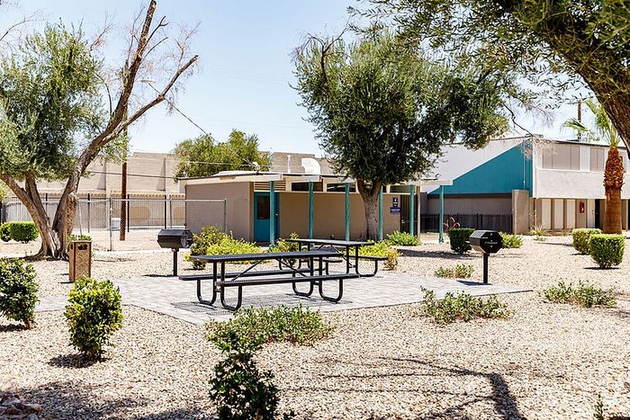 Inviting outdoor recreation area featuring a picnic table, barbecue grill, and lush trees, perfect for gatherings and relaxation.
