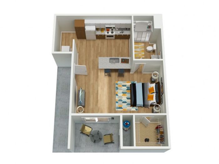 Studio with washer a dryer, granite counter tops, and modern finishes.