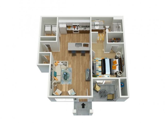 1b1b with full size washer a dryer, granite counter tops, and modern finishes.