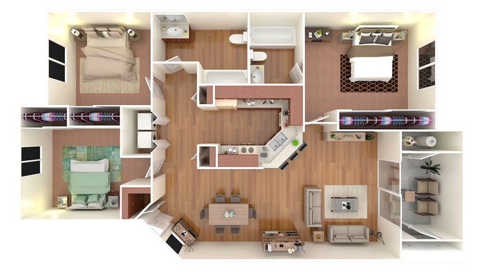 3-bedroom apartment floor plan with open-concept living and dining area, modern kitchen, and two bathrooms.