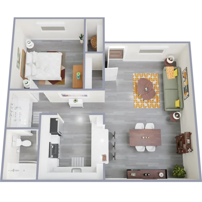 Modern floor plan featuring 1 bedroom, open-concept kitchen, and spacious living area with stylish decor.