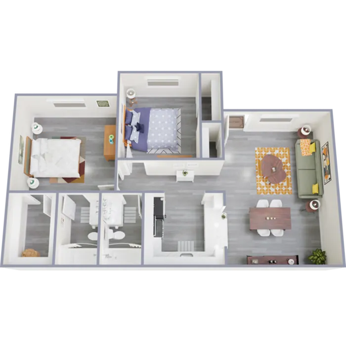 Chic 3D floor plan with 2 bedrooms, open living room, and modern kitchen.