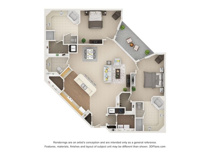 Modern 3-bedroom apartment floor plan featuring an open-concept living area, stylish kitchen with island, and two elegant bathrooms, complemented by a cozy patio space.