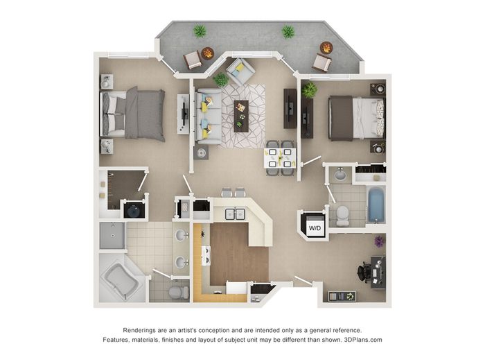 Contemporary floor plan with 2 bedrooms, stylish living room, modern kitchen, home office nook, and private balcony.