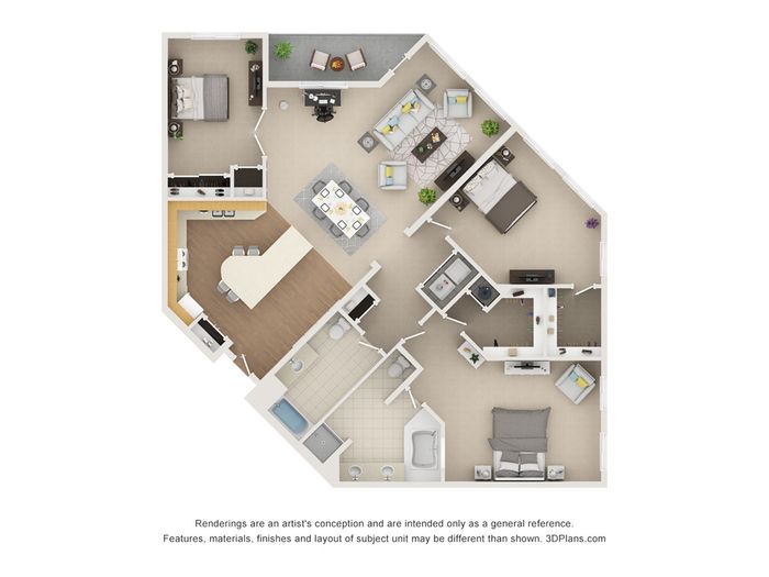Elegant 3D floor plan featuring a spacious layout with 3 bedrooms, a modern open-concept living and dining area, a sleek kitchen with an island, and a cozy balcony space.