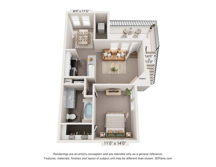 Modern 3D apartment floor plan featuring a cozy living room with fireplace, spacious bedroom, stylish kitchen, and dining area opening to a balcony.